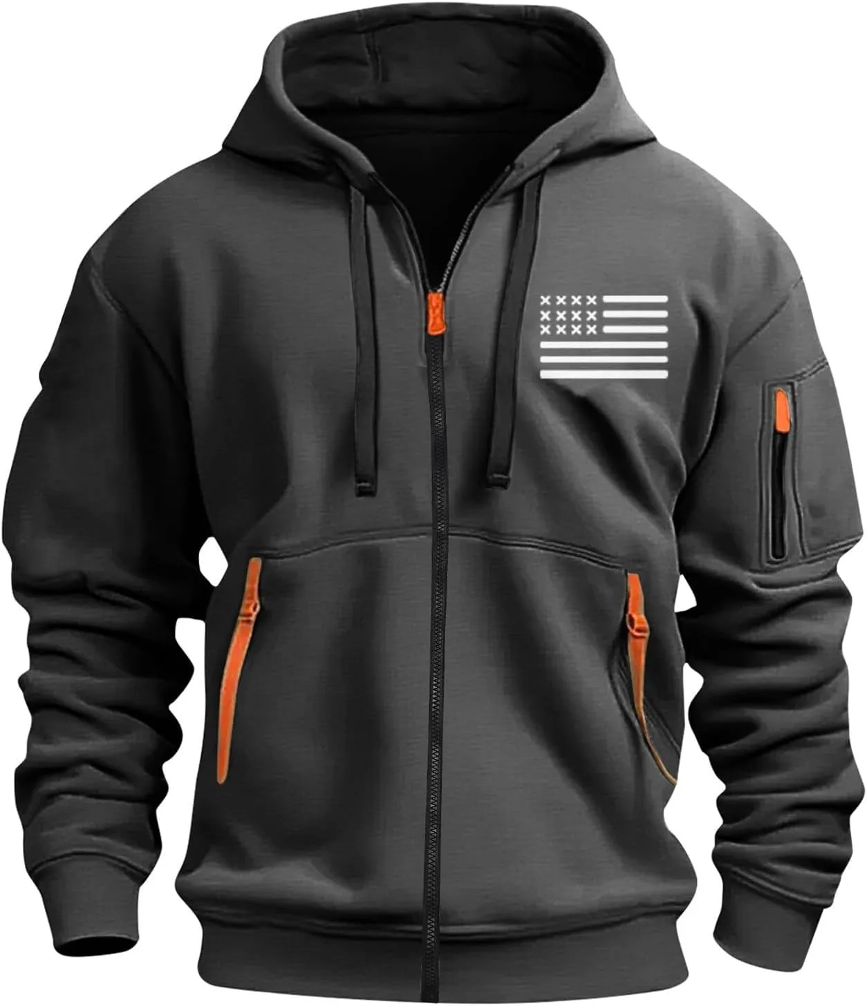 Mens Full Zip American Flag Print Hoodie Army Long Sleeve Drawstring Shirt Soft Patriotic Sweatshirt with Pockets