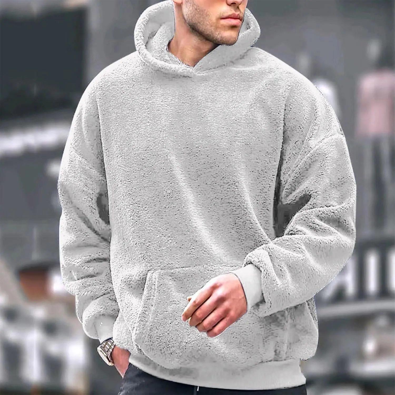 Mens Fuzzy Sherpa Hoodie Plus Size Pullover Fleece Sweatshirts Cozy Soft Thick Warm Winter Fluffy Outerwear
