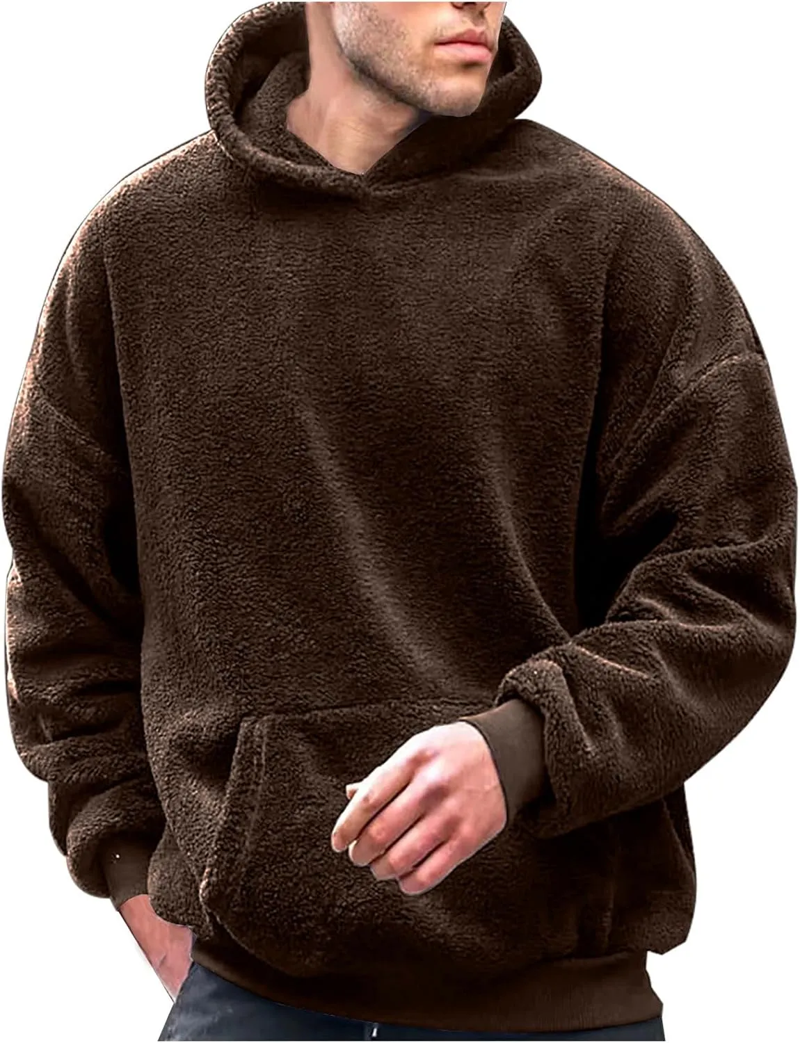Mens Fuzzy Sherpa Hoodie Plus Size Pullover Fleece Sweatshirts Cozy Soft Thick Warm Winter Fluffy Outerwear