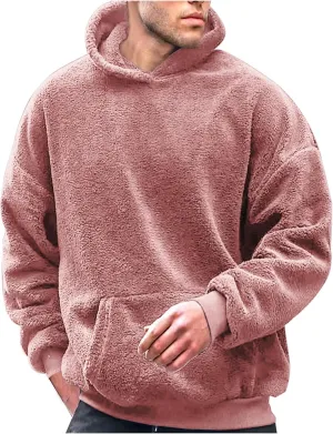 Mens Fuzzy Sherpa Hoodie Plus Size Pullover Fleece Sweatshirts Cozy Soft Thick Warm Winter Fluffy Outerwear