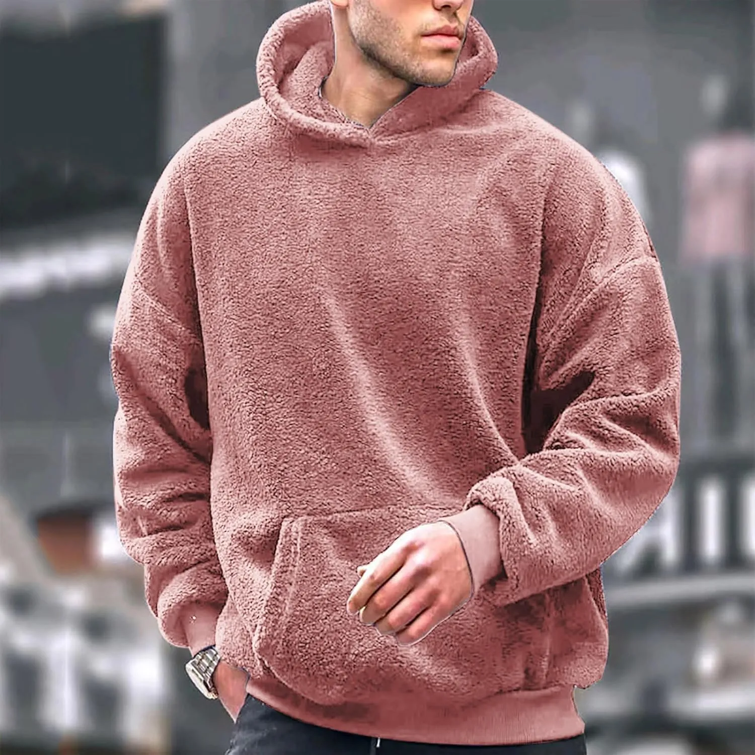 Mens Fuzzy Sherpa Hoodie Plus Size Pullover Fleece Sweatshirts Cozy Soft Thick Warm Winter Fluffy Outerwear
