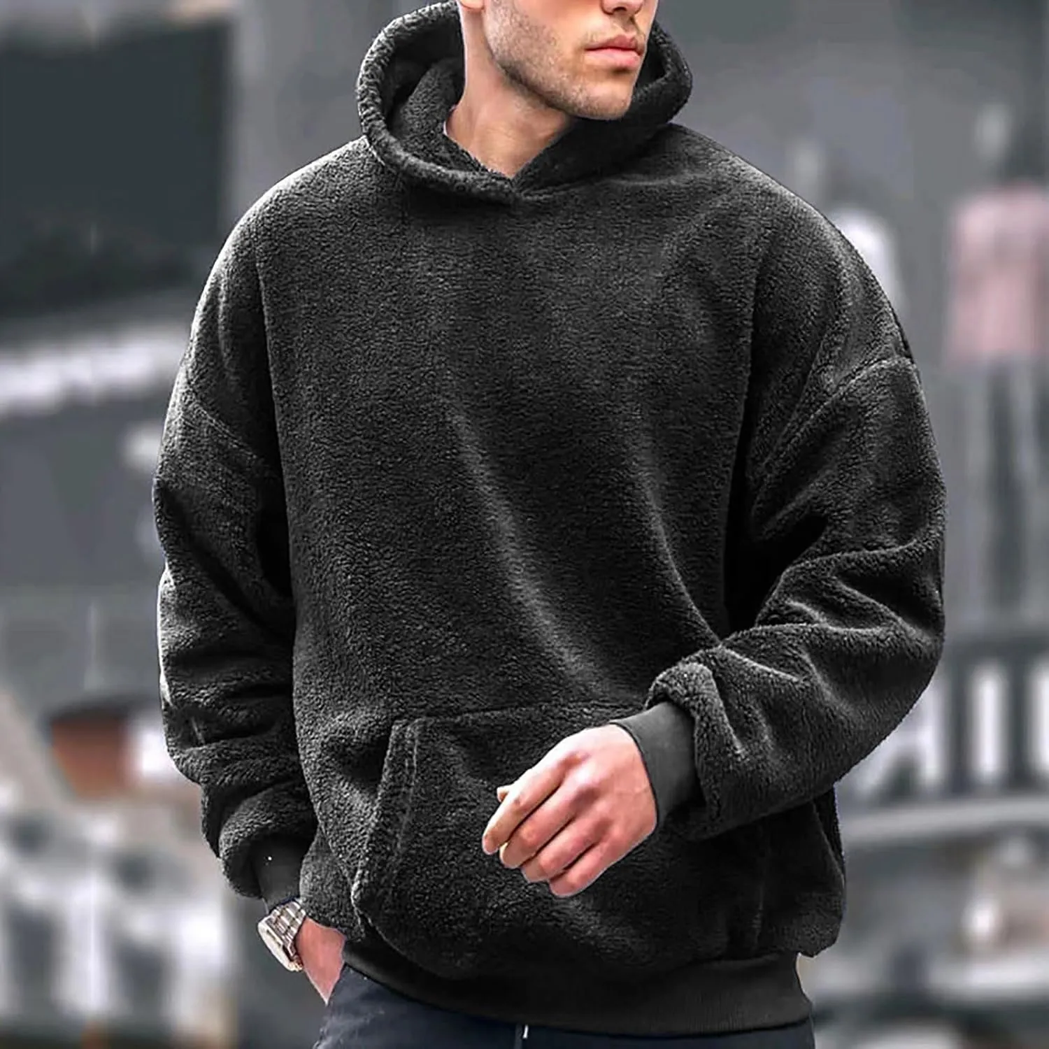 Mens Fuzzy Sherpa Hoodie Plus Size Pullover Fleece Sweatshirts Cozy Soft Thick Warm Winter Fluffy Outerwear