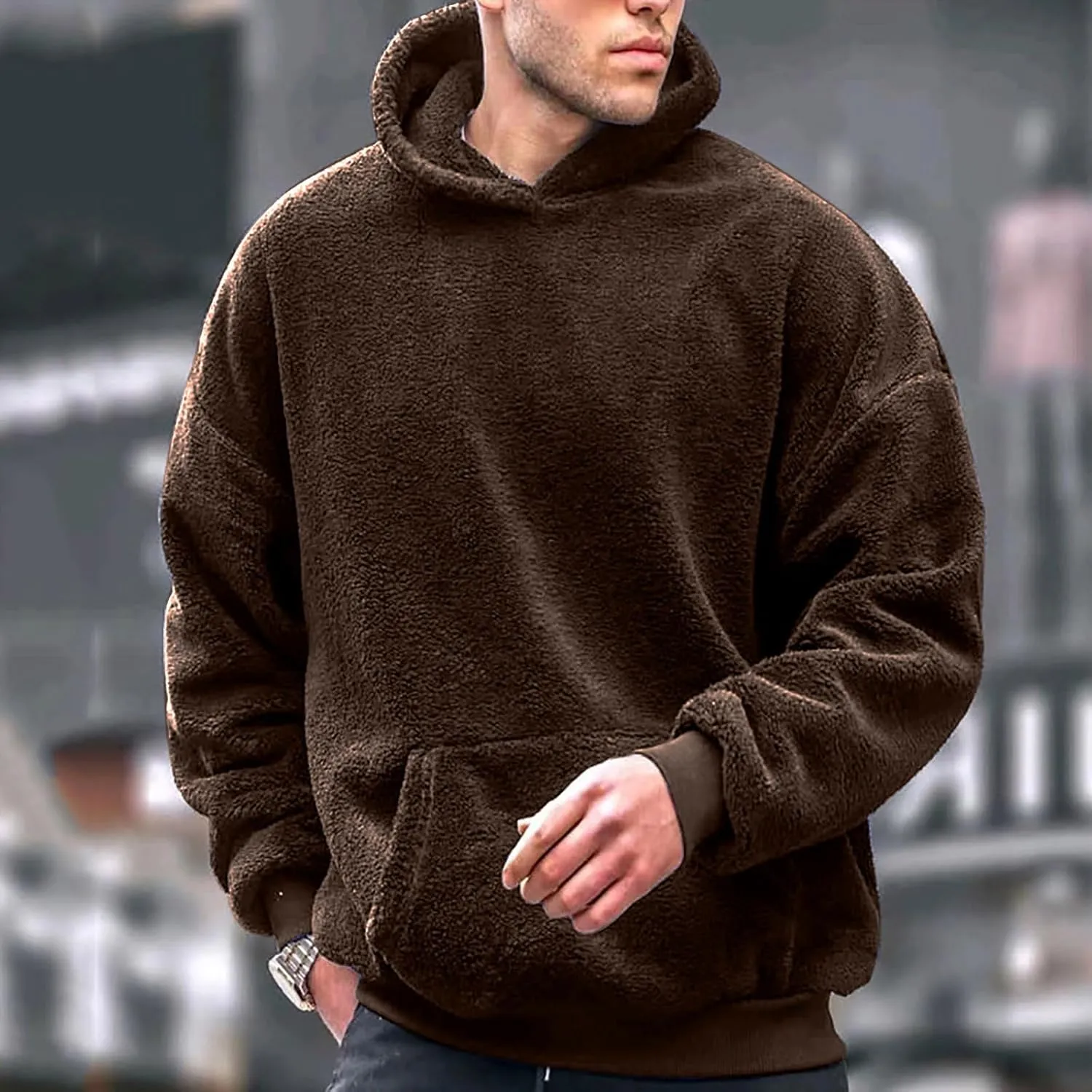 Mens Fuzzy Sherpa Hoodie Plus Size Pullover Fleece Sweatshirts Cozy Soft Thick Warm Winter Fluffy Outerwear