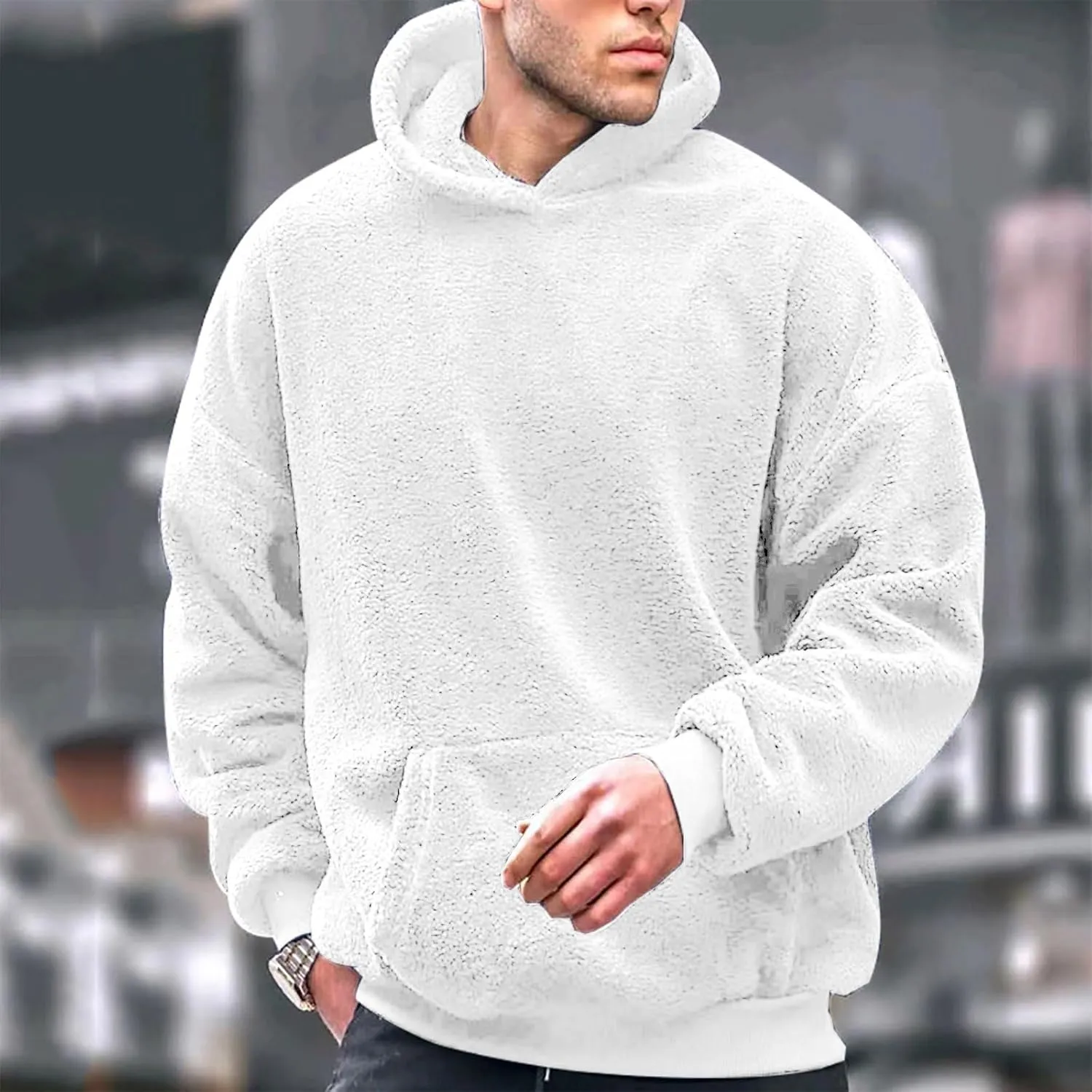 Mens Fuzzy Sherpa Hoodie Plus Size Pullover Fleece Sweatshirts Cozy Soft Thick Warm Winter Fluffy Outerwear