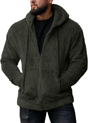 Mens Fuzzy Sherpa Jacket Hoodie Fluffy Fleece Open Front Cardigan Full Zip Up Soft Coat Fall Outwear with Pockets
