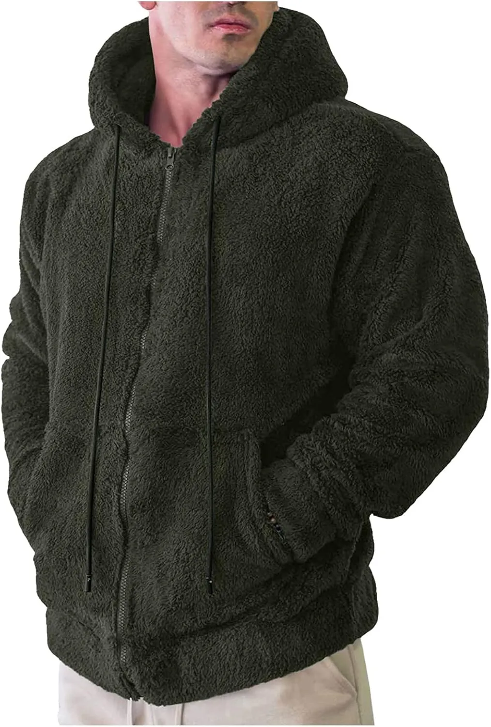 Mens Fuzzy Sherpa Jacket Hoodie Fluffy Fleece Open Front Cardigan Full Zip Up Soft Coat Fall Outwear with Pockets