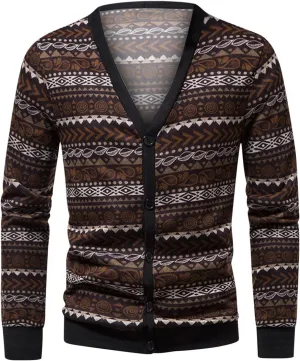 Men's Lightweight Wool Cardigan Sweater Wool Blend V Neck Buttons Knitwear Slim Fit Ethnic Print Casual Cardigans
