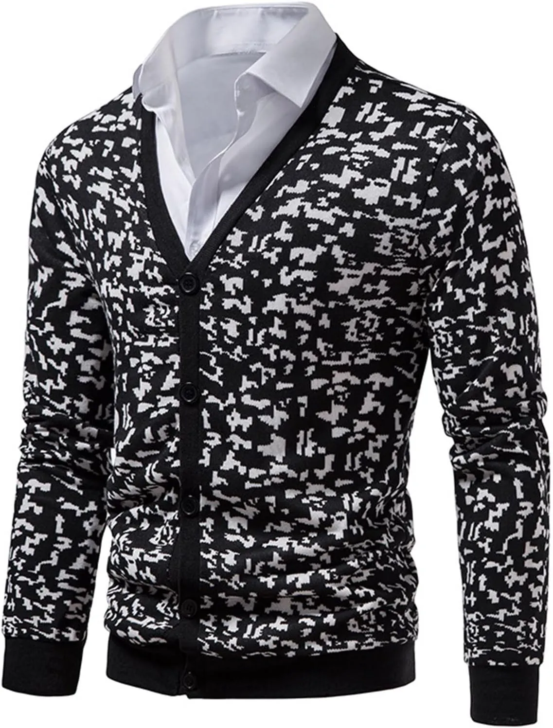 Men's Lightweight Wool Cardigan Sweater Wool Blend V Neck Buttons Knitwear Slim Fit Ethnic Print Casual Cardigans