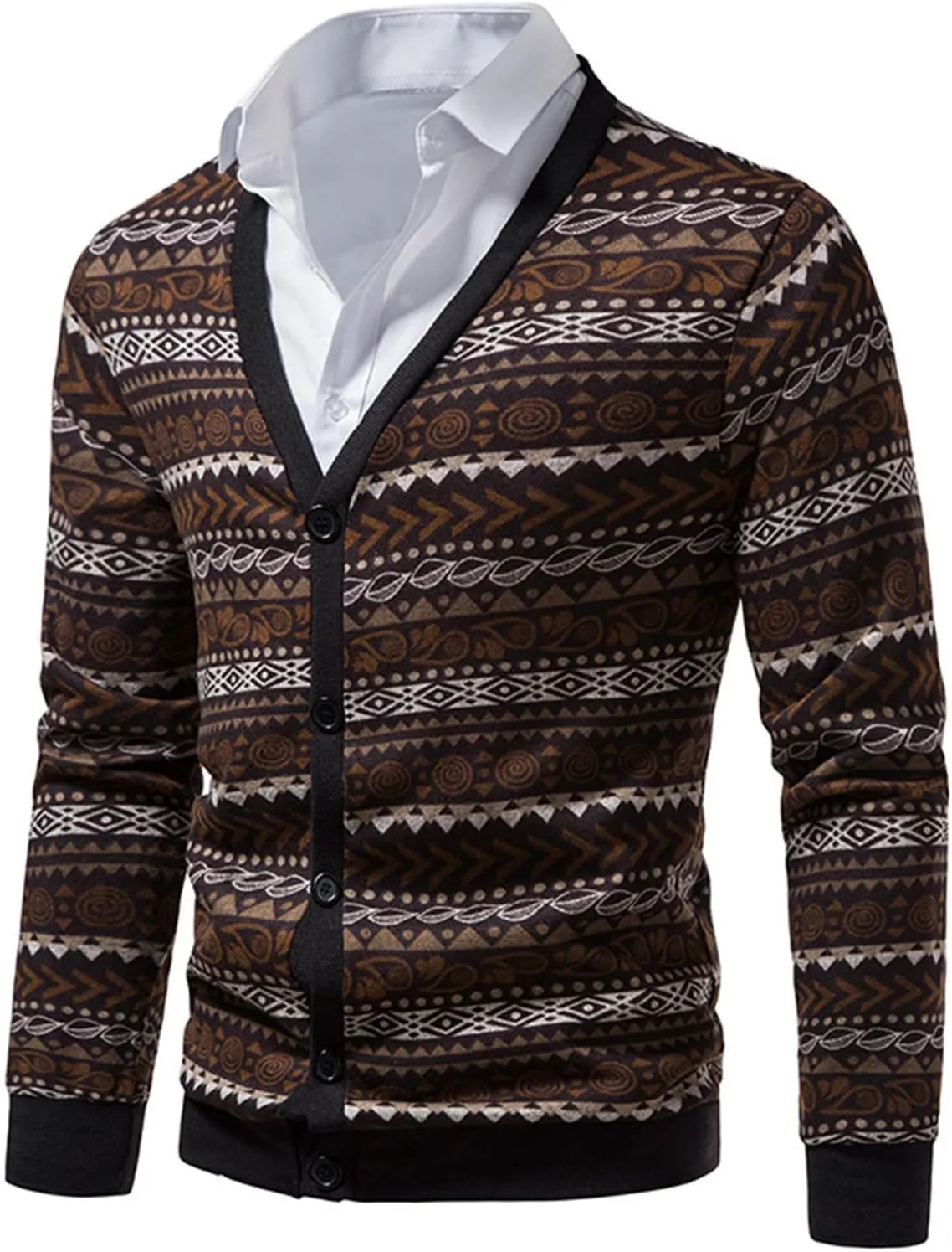 Men's Lightweight Wool Cardigan Sweater Wool Blend V Neck Buttons Knitwear Slim Fit Ethnic Print Casual Cardigans