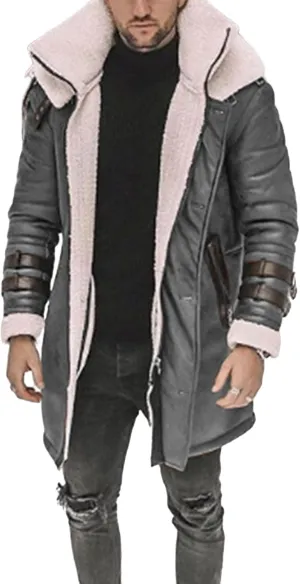 Mens Long Pea Sherpa Lined Trench Jacket Fleece Shearling Lining Heavyweight Suede Leather for Hunting Trucking