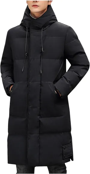 Men's Long Puffer Jacket Hooded Down Coats Winter Warm Windbreaker Overcoat