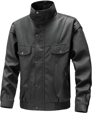 Men's Long Sleeve Biker Stand Collar Leather Jacket Motorcycle Lightweight Faux Leather Windproof Waterproof Outwear