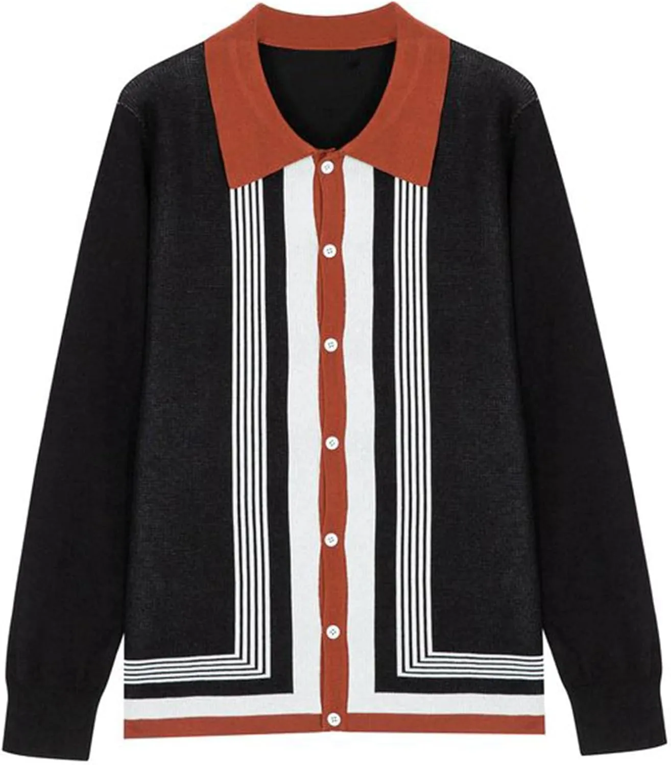 Mens Long Sleeve Button Down Knitted Cardigan Sweaters Trendy Loose FIt Lapel Stripe Printed Winter Knit Sweater