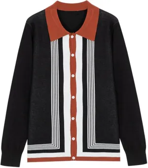 Mens Long Sleeve Button Down Knitted Cardigan Sweaters Trendy Loose FIt Lapel Stripe Printed Winter Knit Sweater