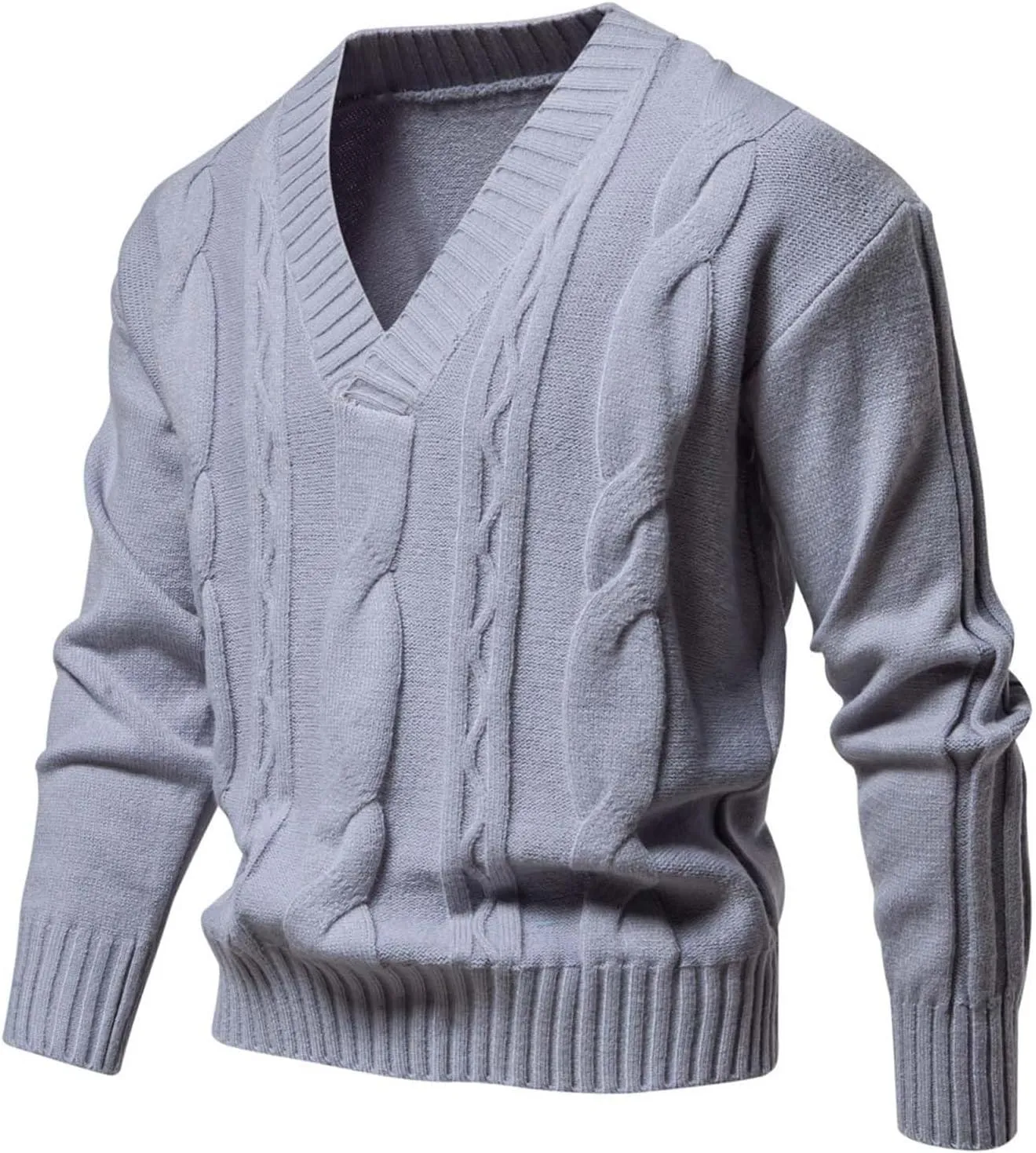 Mens Long Sleeve V Neck Sweater Casual Slim Fit Dress Pullover Sweater Business Ribbed Twisted Patterned Knit Sweater