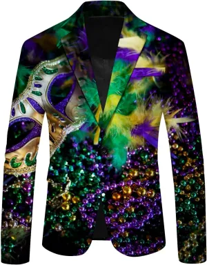 Mens Mardi Gras Suit Jacket Printed Slim Fit Notched Lapel One Button Blazer Holiday Party Dinner Tuxedo Jackets