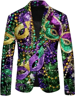 Mens Mardi Gras Suit Jacket Printed Slim Fit Notched Lapel One Button Blazer Holiday Party Dinner Tuxedo Jackets
