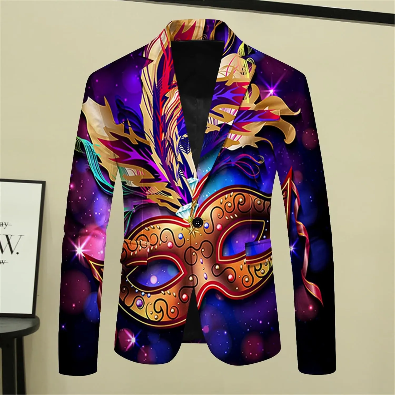 Mens Mardi Gras Suit Jacket Printed Slim Fit Notched Lapel One Button Blazer Holiday Party Dinner Tuxedo Jackets