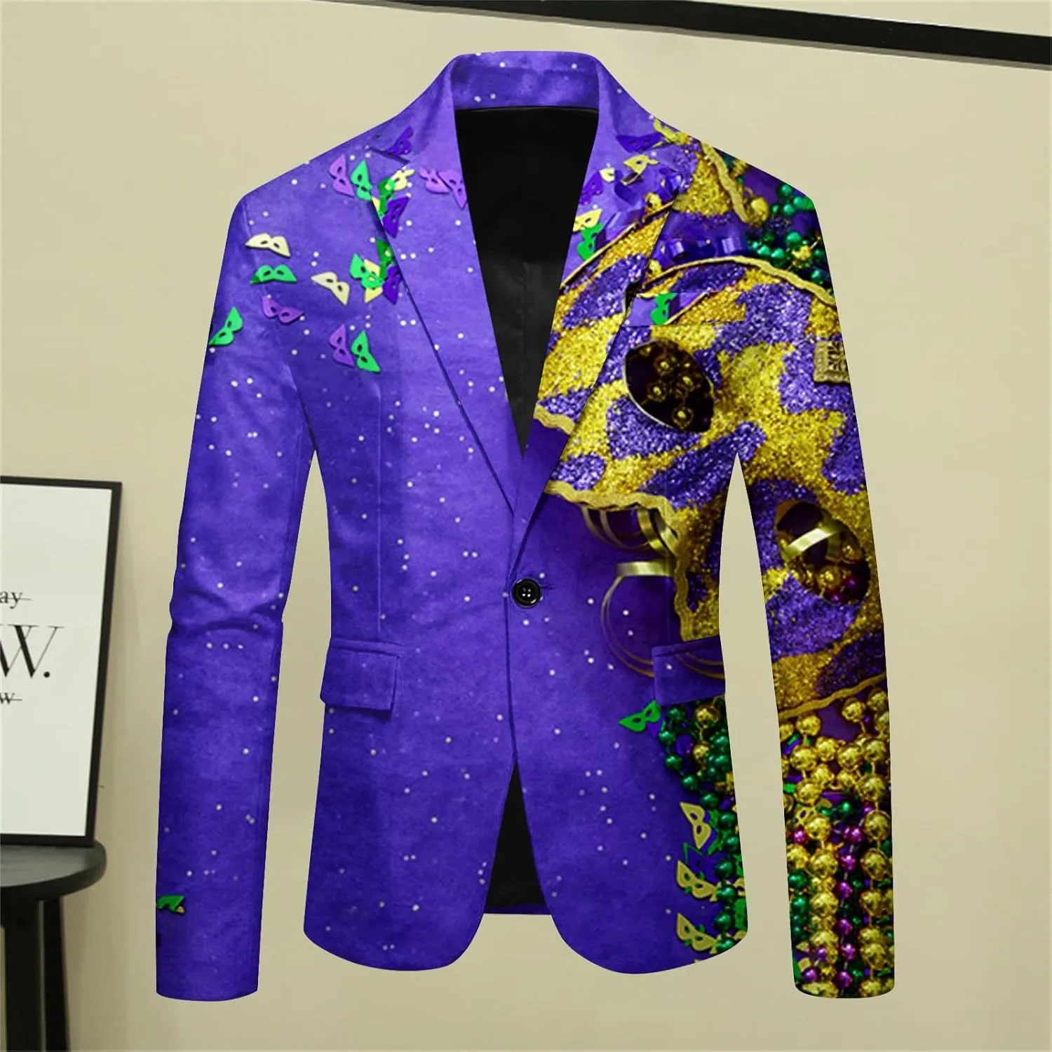 Mens Mardi Gras Suit Jacket Printed Slim Fit Notched Lapel One Button Blazer Holiday Party Dinner Tuxedo Jackets