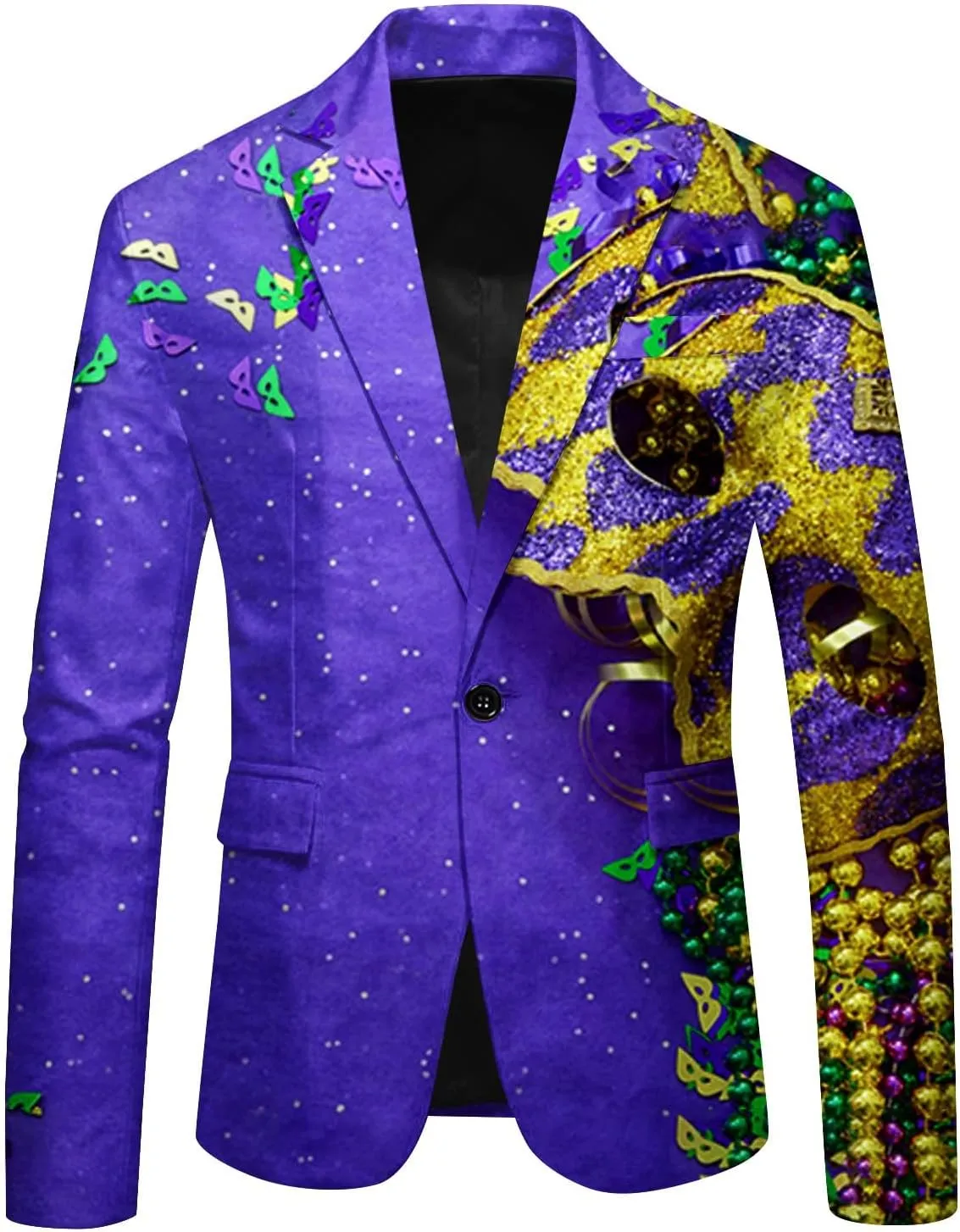 Mens Mardi Gras Suit Jacket Printed Slim Fit Notched Lapel One Button Blazer Holiday Party Dinner Tuxedo Jackets