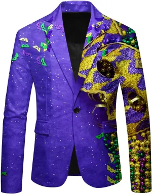 Mens Mardi Gras Suit Jacket Printed Slim Fit Notched Lapel One Button Blazer Holiday Party Dinner Tuxedo Jackets