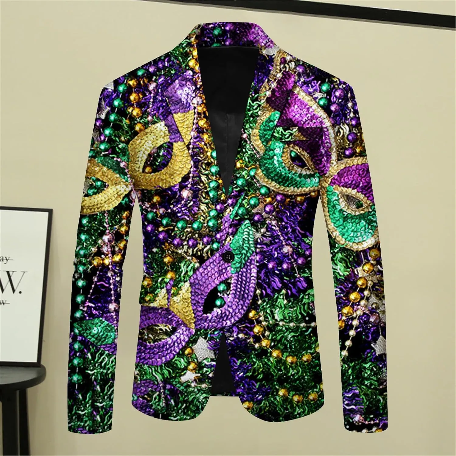 Mens Mardi Gras Suit Jacket Printed Slim Fit Notched Lapel One Button Blazer Holiday Party Dinner Tuxedo Jackets