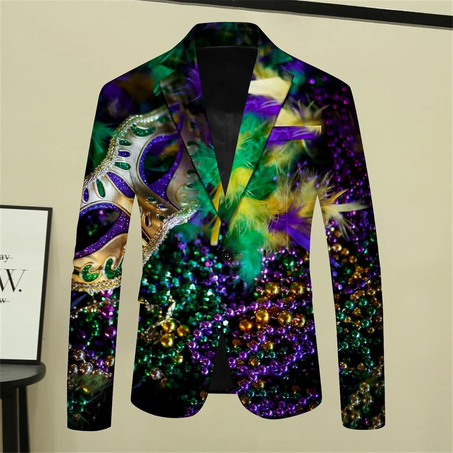 Mens Mardi Gras Suit Jacket Printed Slim Fit Notched Lapel One Button Blazer Holiday Party Dinner Tuxedo Jackets