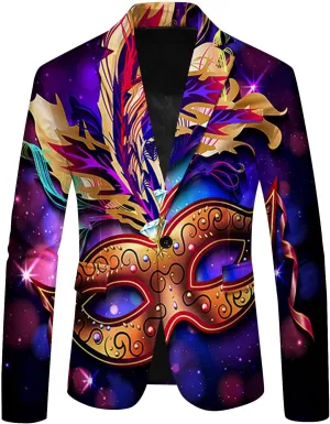 Mens Mardi Gras Suit Jacket Printed Slim Fit Notched Lapel One Button Blazer Holiday Party Dinner Tuxedo Jackets