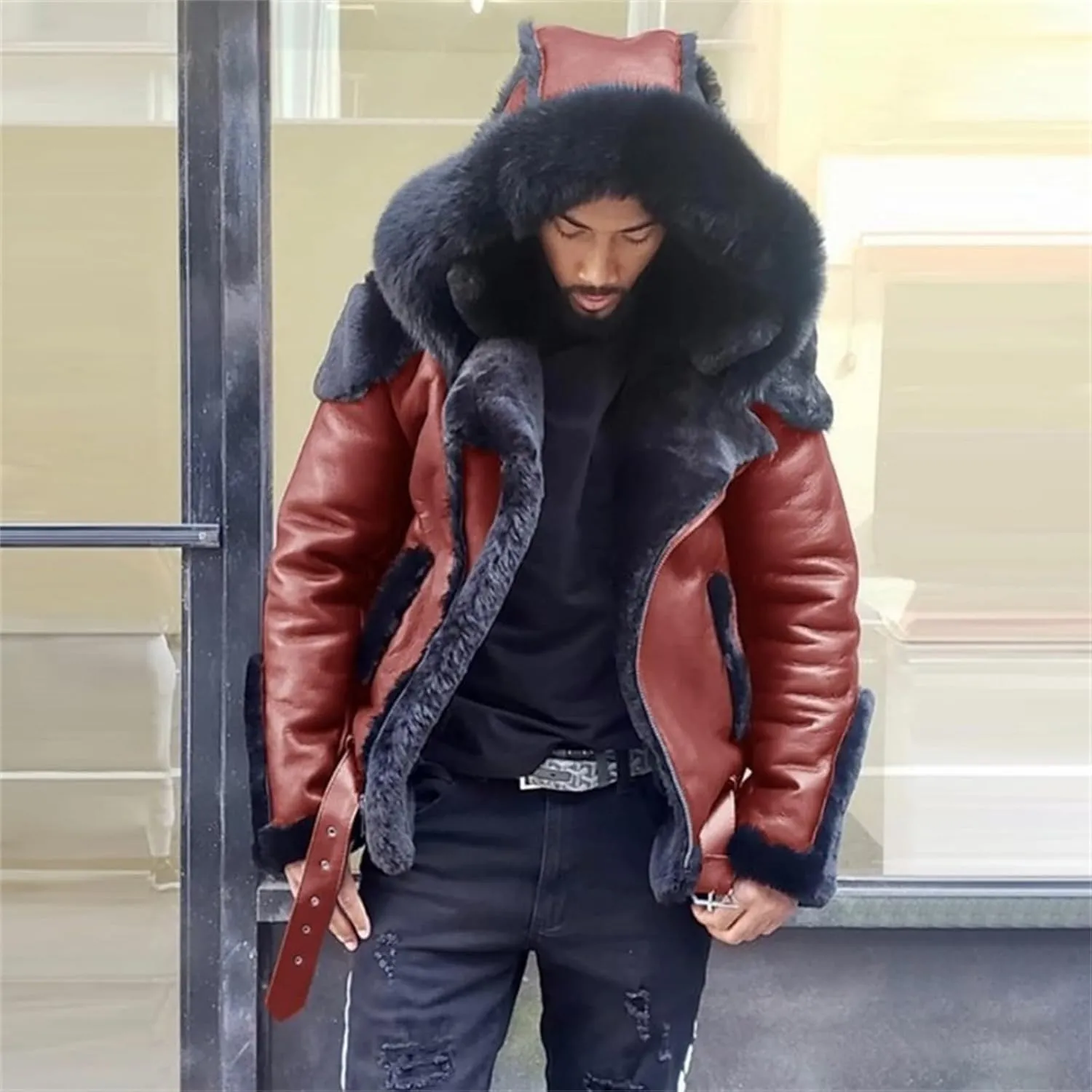 Men's Motorcycle Leather Jacket Sherpa Fleece Lined Bomber Jackets Zipper Padded Warm Fall Winter Coat