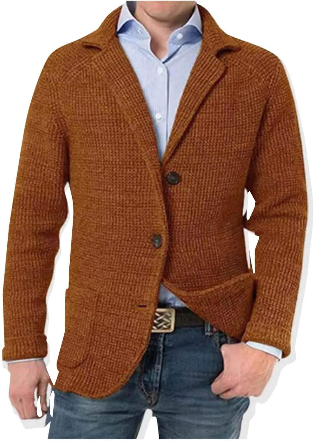 Mens Notched Collared Cardigan Sweater Long Sleeve Button Down Slim Fit Knit Sweaters Fall Winter Coats with Pockets