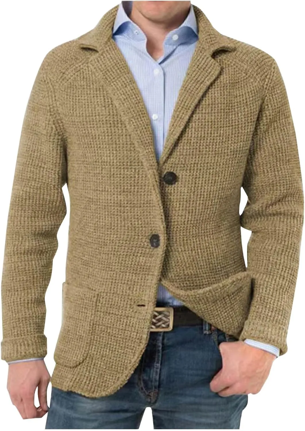 Mens Notched Collared Cardigan Sweater Long Sleeve Button Down Slim Fit Knit Sweaters Fall Winter Coats with Pockets