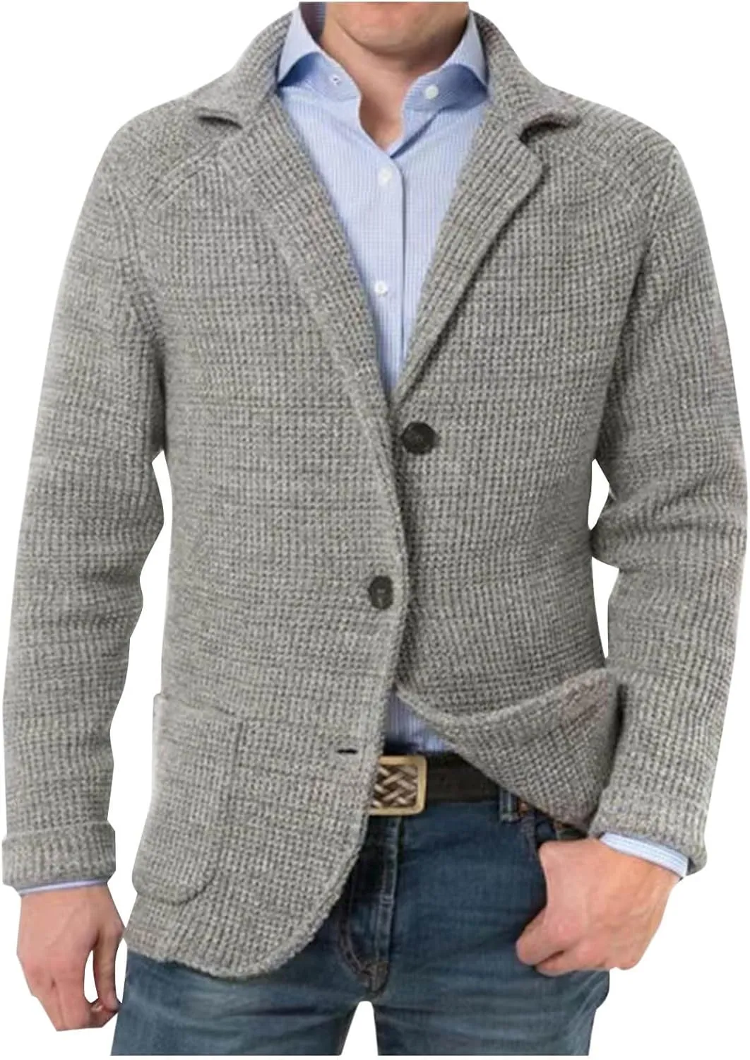 Mens Notched Collared Cardigan Sweater Long Sleeve Button Down Slim Fit Knit Sweaters Fall Winter Coats with Pockets