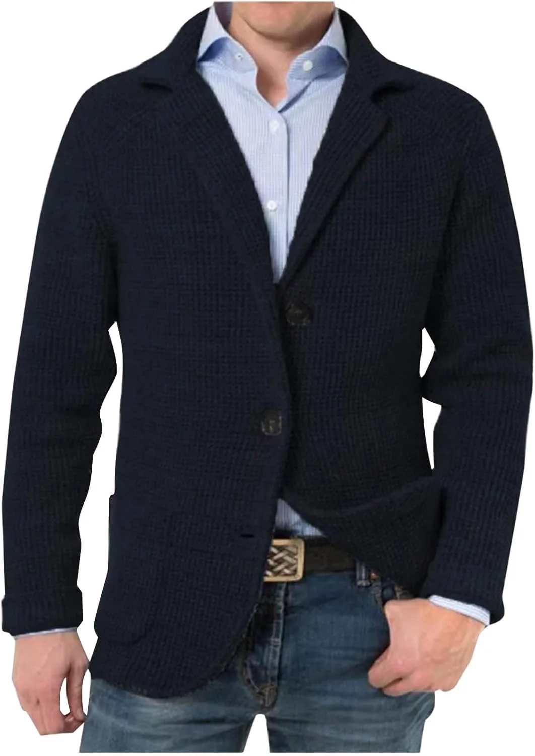 Mens Notched Collared Cardigan Sweater Long Sleeve Button Down Slim Fit Knit Sweaters Fall Winter Coats with Pockets