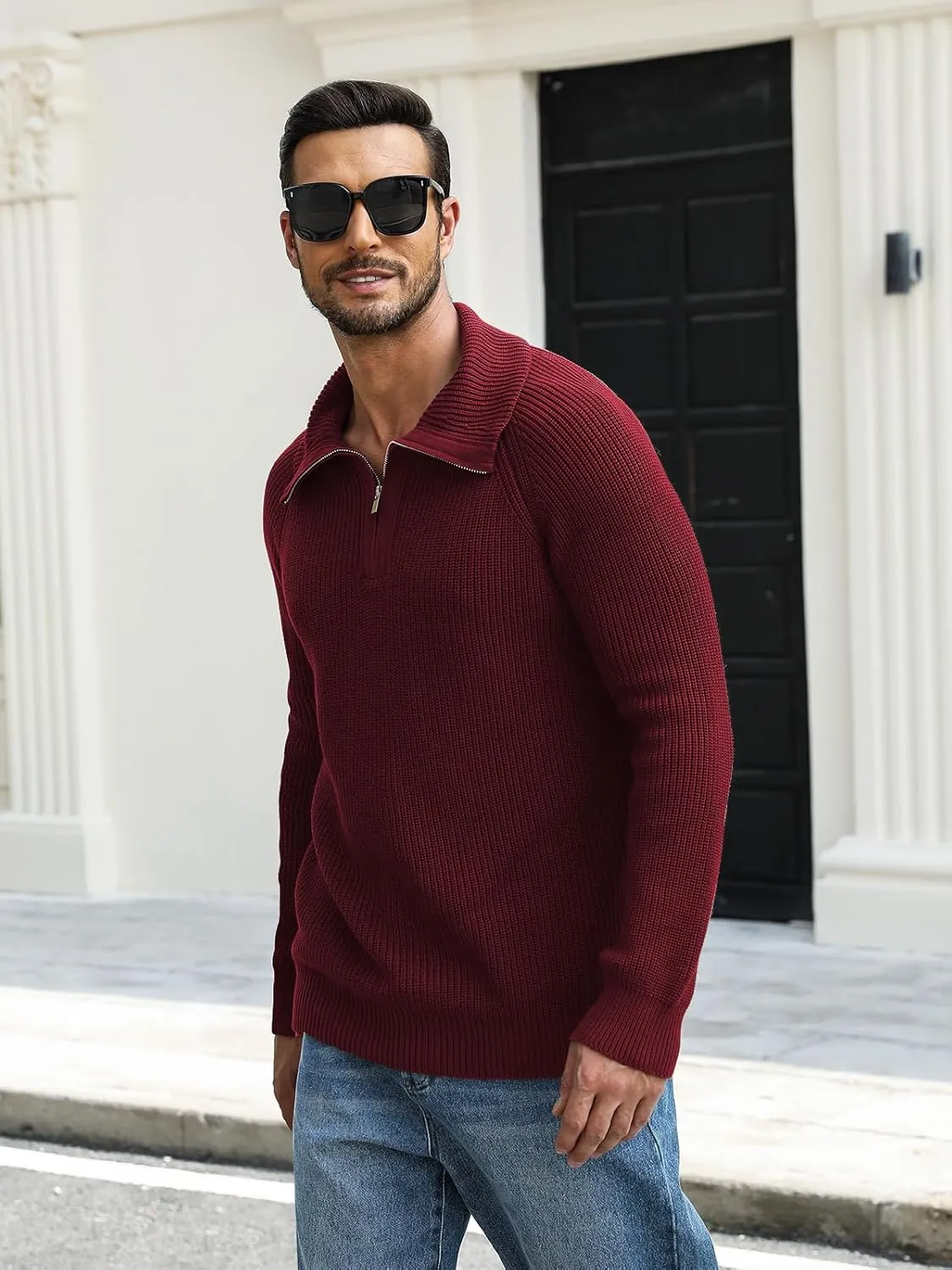 Men's Quarter-Zip Pullover Sweater Slim Fit Lightweight Sweaters Cable Knit Casual Polo Sweater Long Sleeve Sweaters