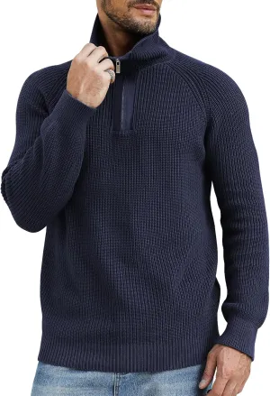 Men's Quarter-Zip Pullover Sweater Slim Fit Lightweight Sweaters Cable Knit Casual Polo Sweater Long Sleeve Sweaters