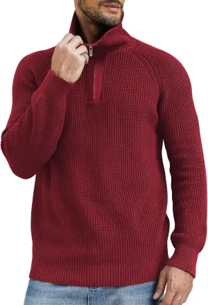 Men's Quarter-Zip Pullover Sweater Slim Fit Lightweight Sweaters Cable Knit Casual Polo Sweater Long Sleeve Sweaters