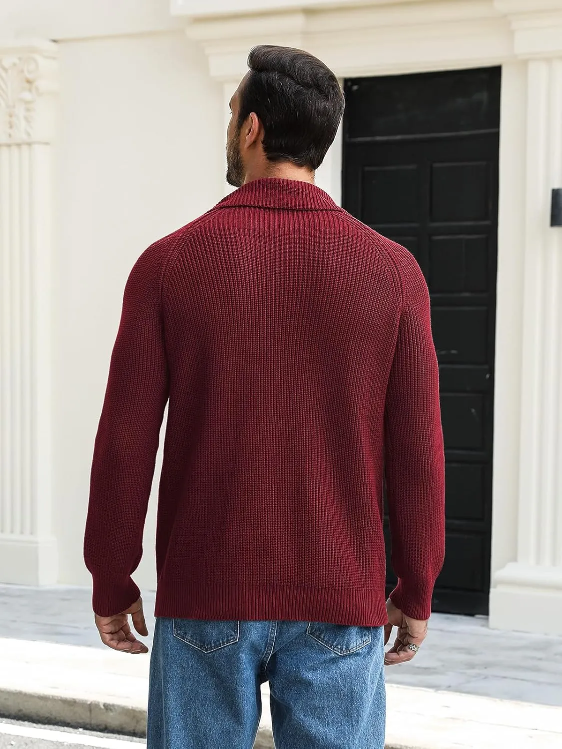Men's Quarter-Zip Pullover Sweater Slim Fit Lightweight Sweaters Cable Knit Casual Polo Sweater Long Sleeve Sweaters