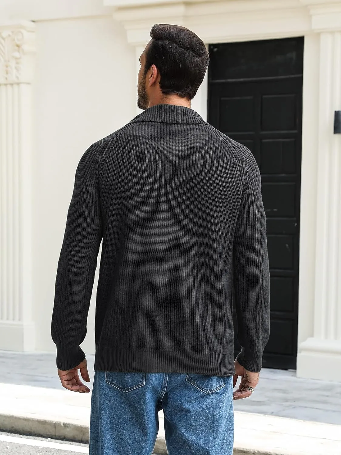 Men's Quarter-Zip Pullover Sweater Slim Fit Lightweight Sweaters Cable Knit Casual Polo Sweater Long Sleeve Sweaters