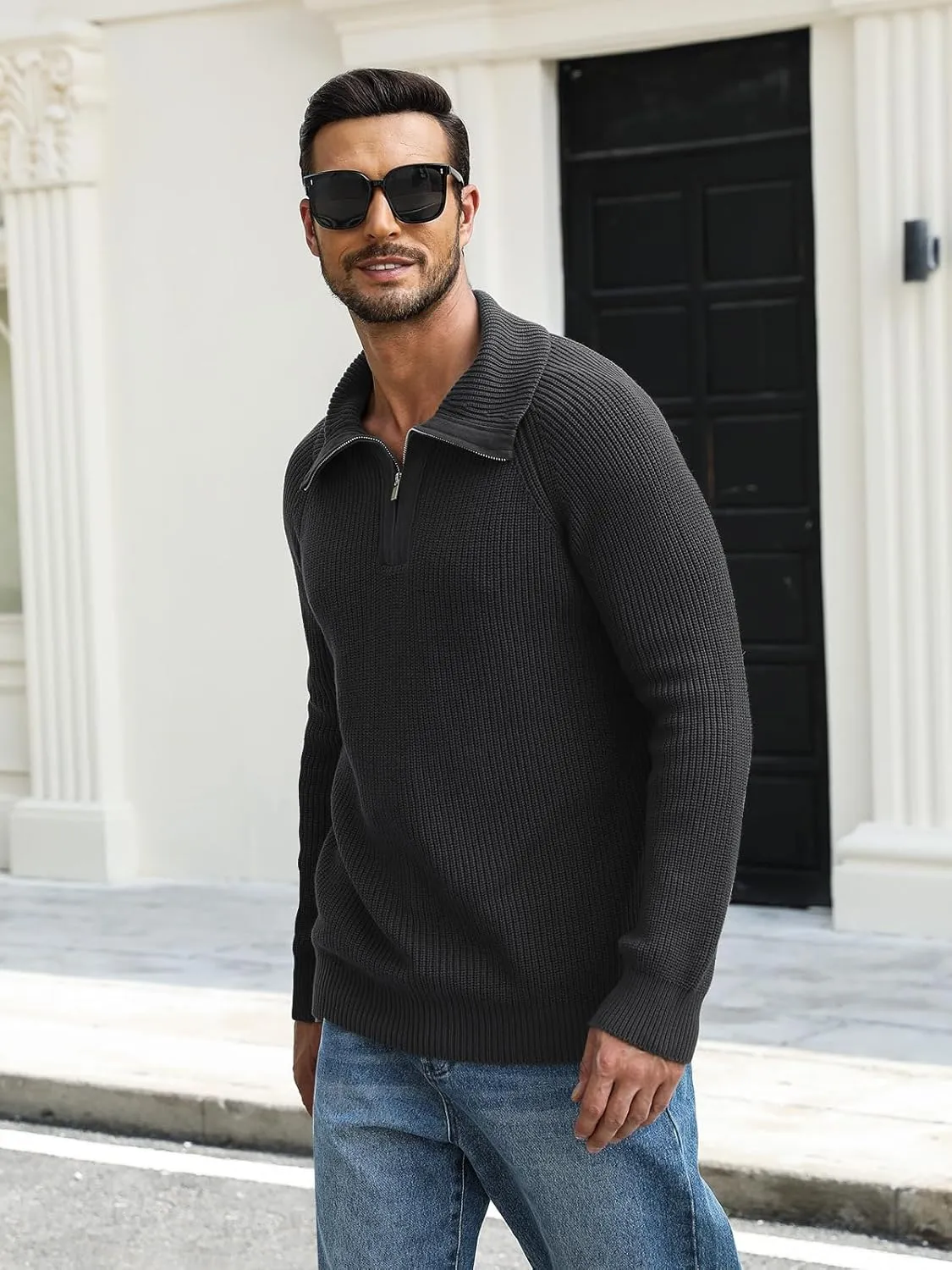 Men's Quarter-Zip Pullover Sweater Slim Fit Lightweight Sweaters Cable Knit Casual Polo Sweater Long Sleeve Sweaters