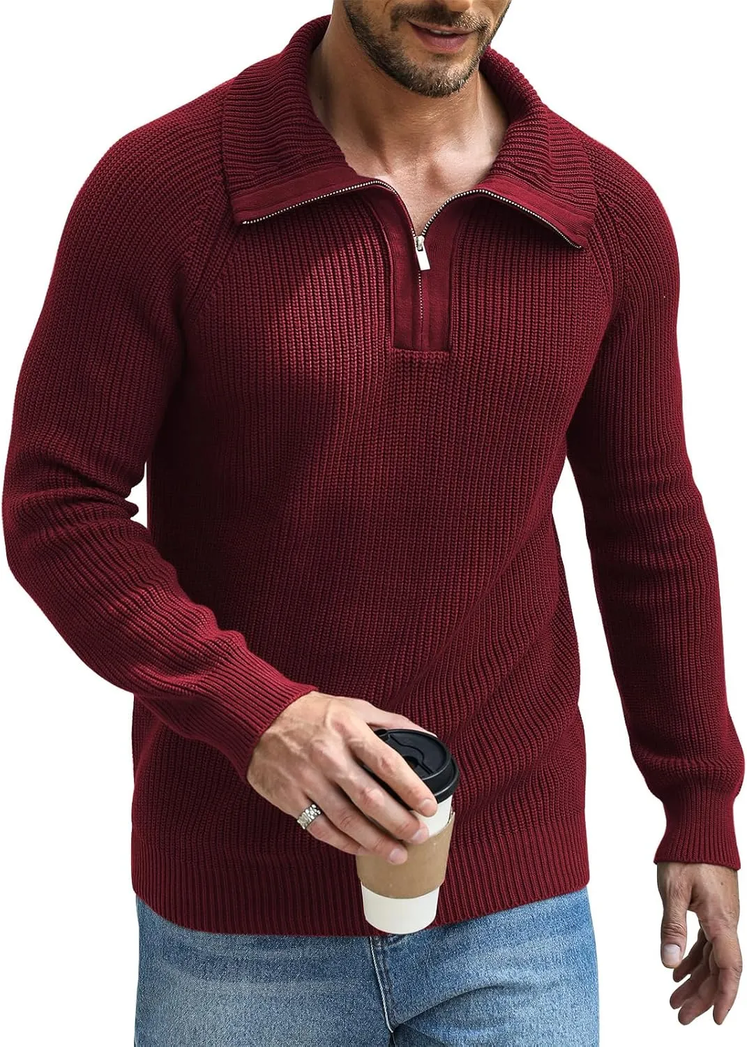 Men's Quarter-Zip Pullover Sweater Slim Fit Lightweight Sweaters Cable Knit Casual Polo Sweater Long Sleeve Sweaters