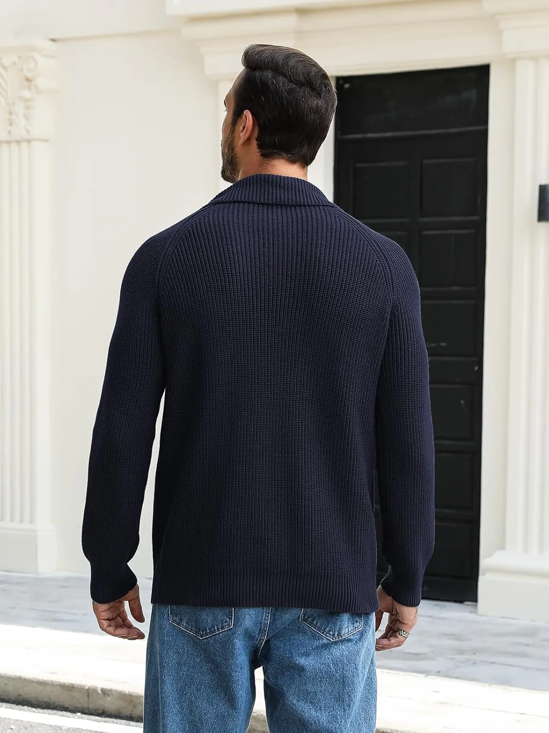 Men's Quarter-Zip Pullover Sweater Slim Fit Lightweight Sweaters Cable Knit Casual Polo Sweater Long Sleeve Sweaters