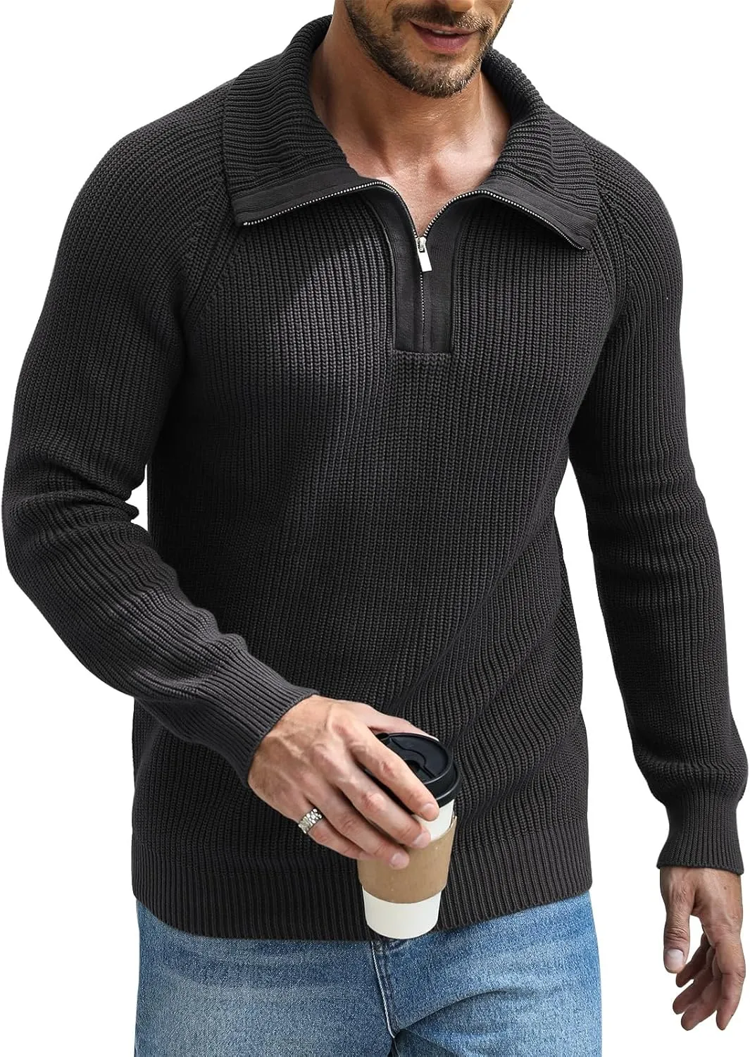 Men's Quarter-Zip Pullover Sweater Slim Fit Lightweight Sweaters Cable Knit Casual Polo Sweater Long Sleeve Sweaters