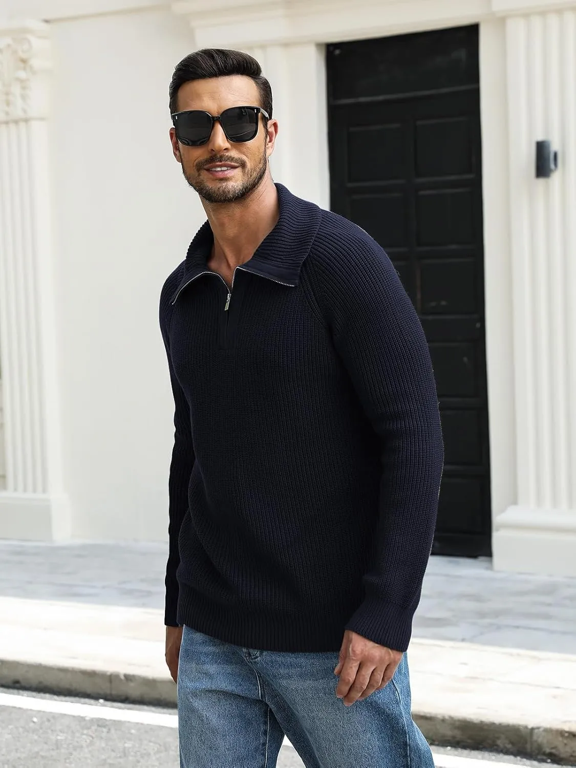 Men's Quarter-Zip Pullover Sweater Slim Fit Lightweight Sweaters Cable Knit Casual Polo Sweater Long Sleeve Sweaters