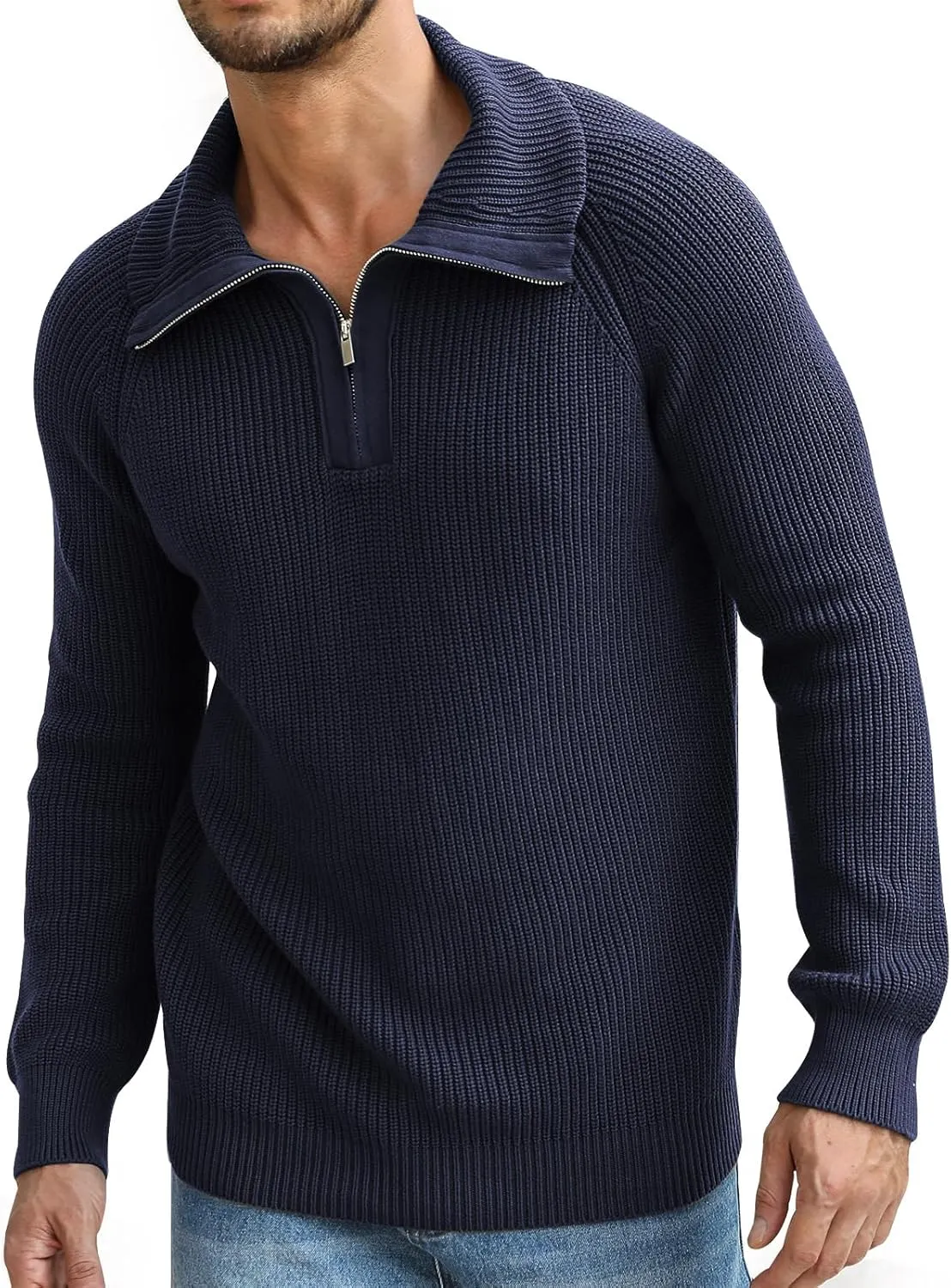 Men's Quarter-Zip Pullover Sweater Slim Fit Lightweight Sweaters Cable Knit Casual Polo Sweater Long Sleeve Sweaters