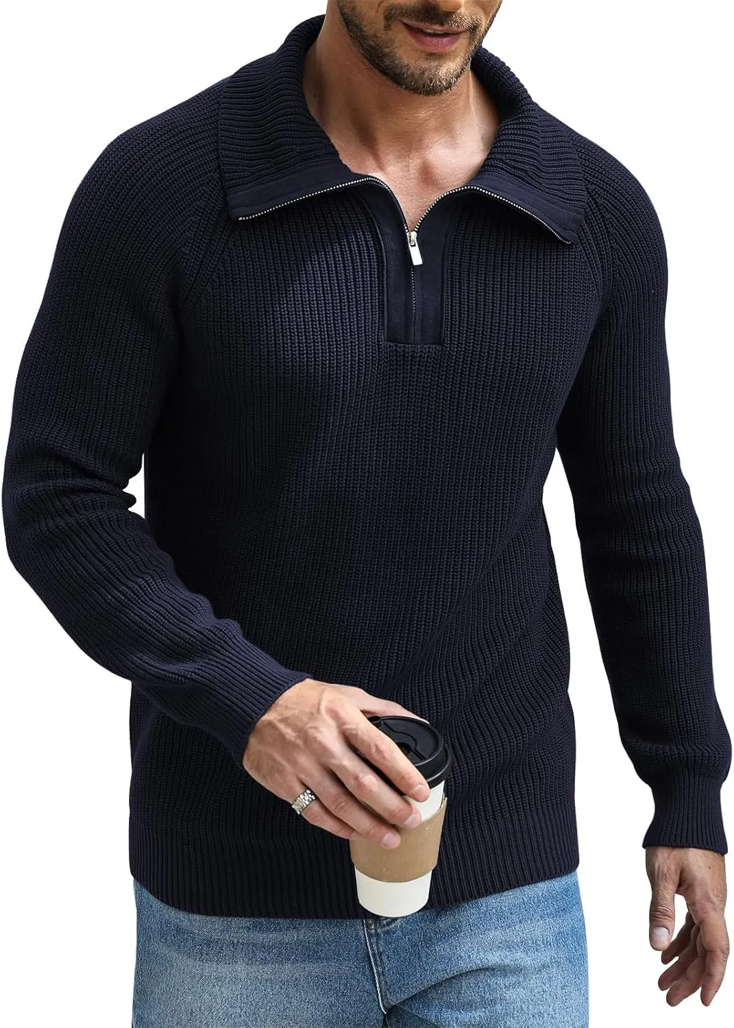 Men's Quarter-Zip Pullover Sweater Slim Fit Lightweight Sweaters Cable Knit Casual Polo Sweater Long Sleeve Sweaters