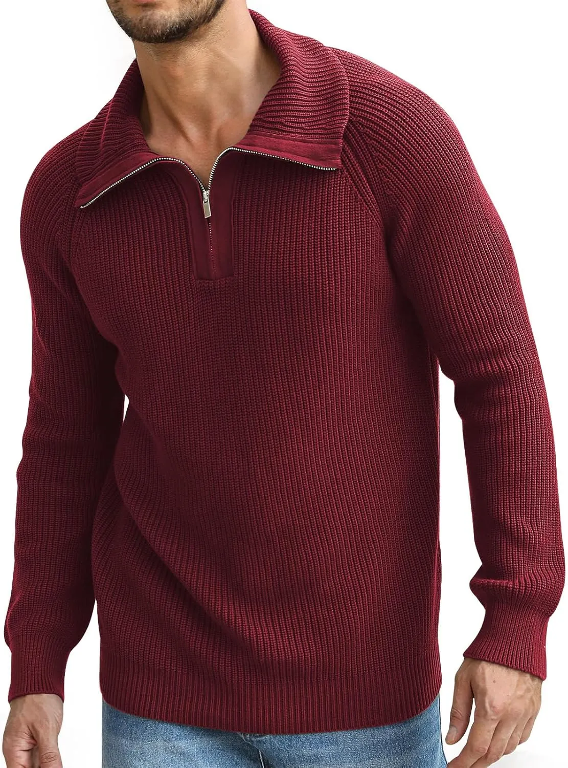 Men's Quarter-Zip Pullover Sweater Slim Fit Lightweight Sweaters Cable Knit Casual Polo Sweater Long Sleeve Sweaters