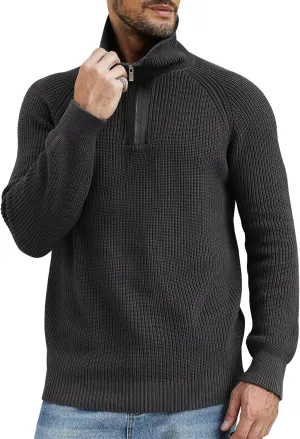 Men's Quarter-Zip Pullover Sweater Slim Fit Lightweight Sweaters Cable Knit Casual Polo Sweater Long Sleeve Sweaters