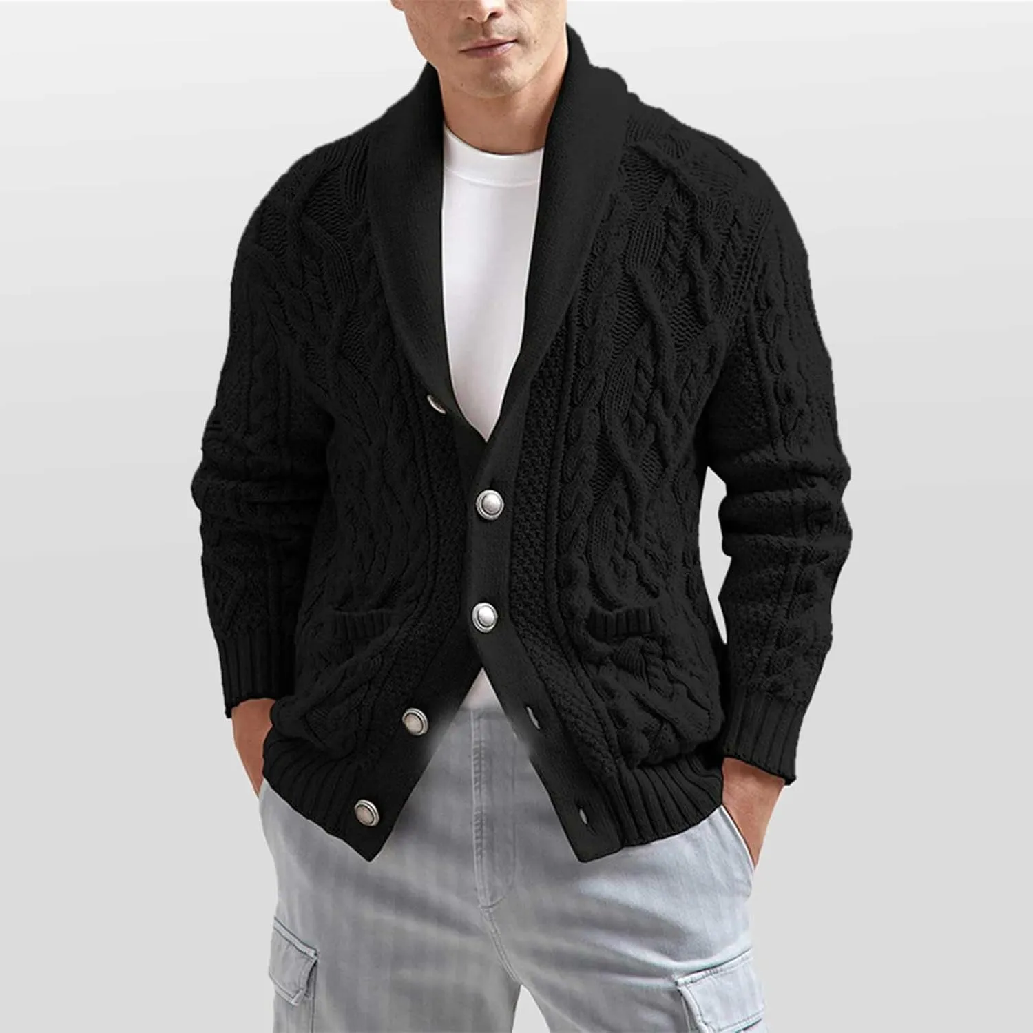 Mens Shawl Collar Cardigan Sweater Cable Knit Button Down Long Sleeve Casual Sweater Jacket with Pockets