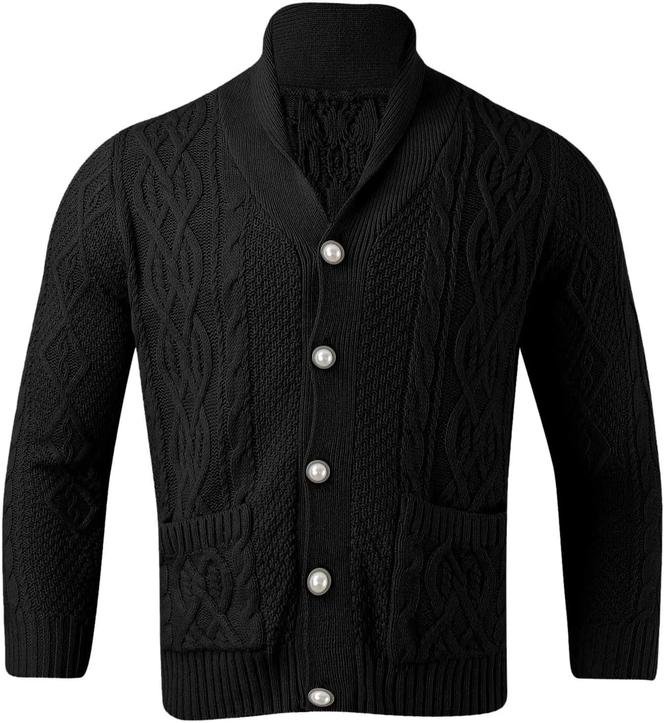 Mens Shawl Collar Cardigan Sweater Cable Knit Button Down Long Sleeve Casual Sweater Jacket with Pockets