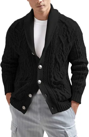 Mens Shawl Collar Cardigan Sweater Cable Knit Button Down Long Sleeve Casual Sweater Jacket with Pockets